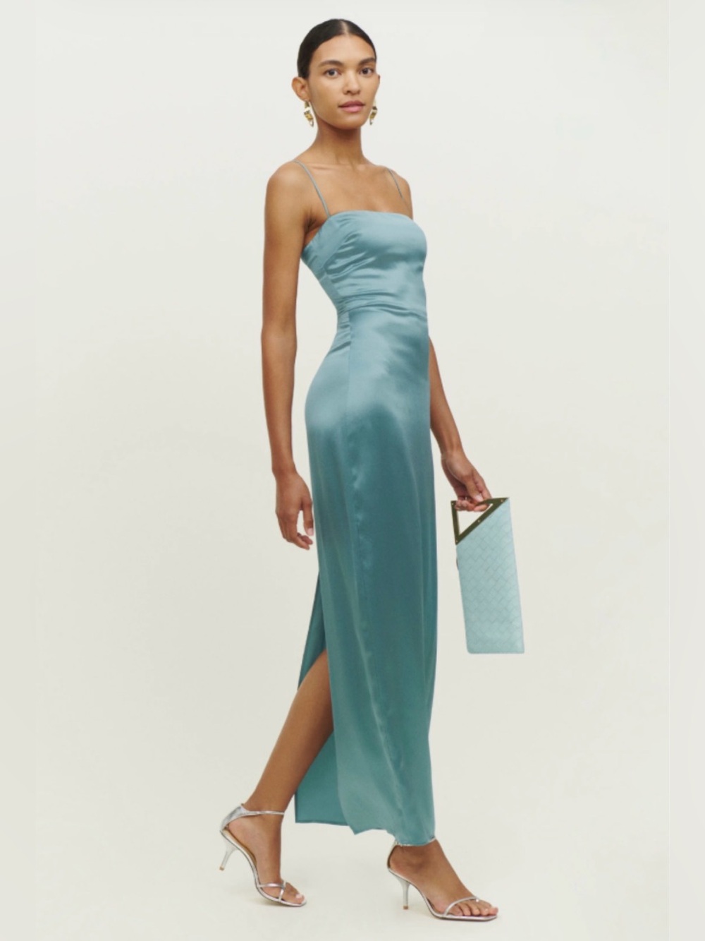 Reformation Frankie Dress Verdigris Light Blue 100% Silk Midi Dress